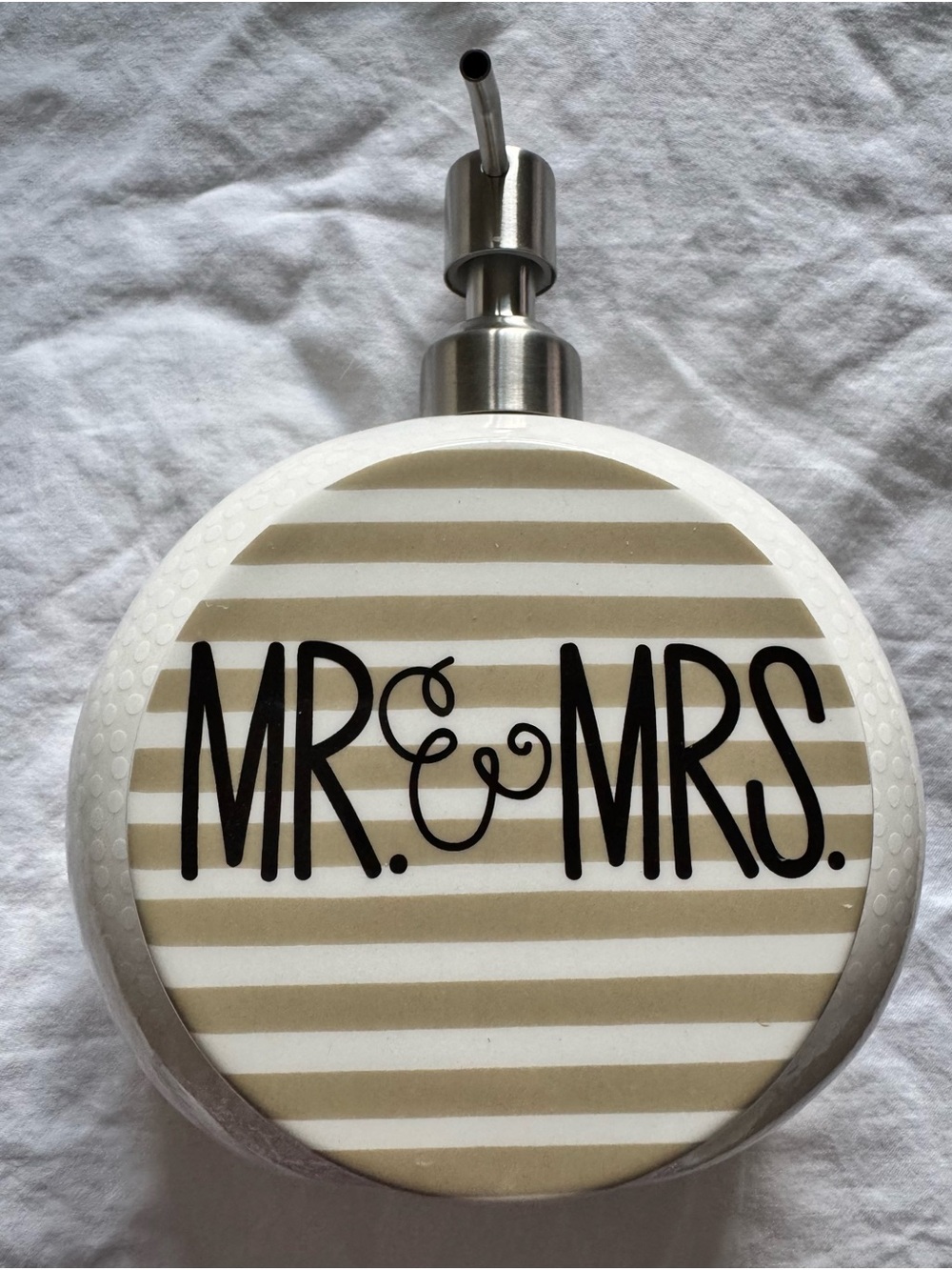 Happy Everything MR & MRS Striped Ceramic Soap Dispenser - Cream and White